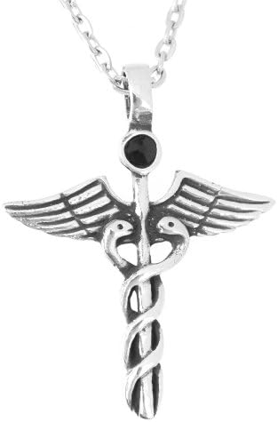 Pewter Caduceus Medical Snake Rod Pendant on 3mm Cable Link Chain with Jet Black Austrian Crystal