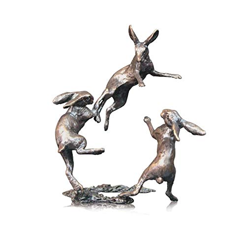 2079 Three Hares Dancing Butler and Peach Solid Bronze Miniature Sculpture Figure - 7 x 7 x 6 cm