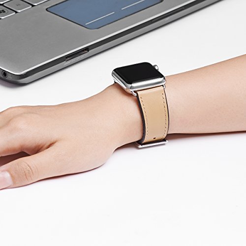 WFEAGL Compatible iWatch Band 42 44mm,Top Grain Leather and Nature Rubber Hybrid Sweatproof Band for iWatch Series 4,Series 3,Series 2,Series 1,Sport (42mm 44mm,Camel Hybrid Band) - Thumbnail 5