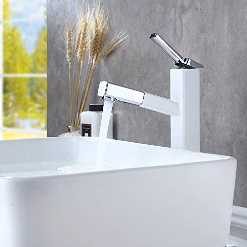 KAIYING Bathroom Pull Down Vessel Sink Faucet, Lavatory Single Hole Basin Sink Faucet with Pull Out Sprayer, Single Handle Utility Kitchen Mixer Tap with Rotating Spout, Brass(Tall, Chrome & White)