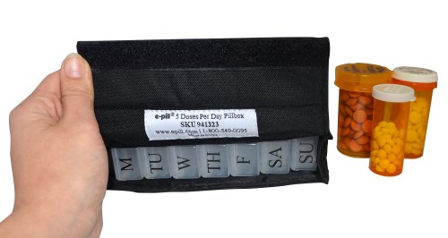 e-Pill | 5 DOSES Pillbox | Pill Dispenser Organizer System | 5 Daily Doses x 7 Days | Discrete Canvas Bag Organizer (Black), for Home, Office or Travel