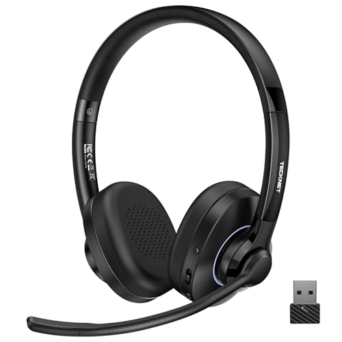 TECKNET V6.0 Bluetooth Headset with Microphone, Wireless Headset with AI Noise Cancelling Bluetooth Wireless Headphones PC On Ear with USB-C Receiver Office/Trucker/Call Centre - 50+ Hours Battery