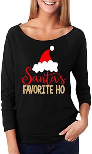 Santa's Favorite HO Christmas Hat Printting Long Sleeve Christmas Women T-Shirt