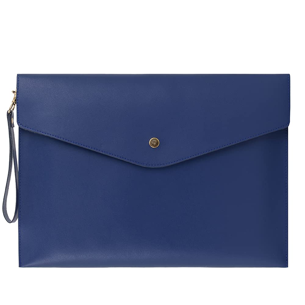Wonderpool A4 Real Leather Multifunction Portfolio Envelope File Holder for Paper Document Stationery Organizer and Tablet Case PC Sleeve (Blue)
