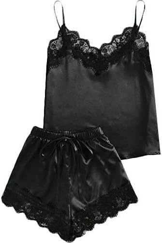 Women Sleepwear Sleeveless Strap Nightwear Lace Trim Bandage Satin Cami Top Shorts Pajama Sets Two Piece