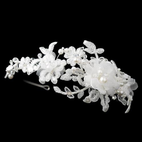 Aries Pearl, Swarovski Crystal Bead & Rhinestone Embroidered Side Accented Wedding Bridal Tiara Headband