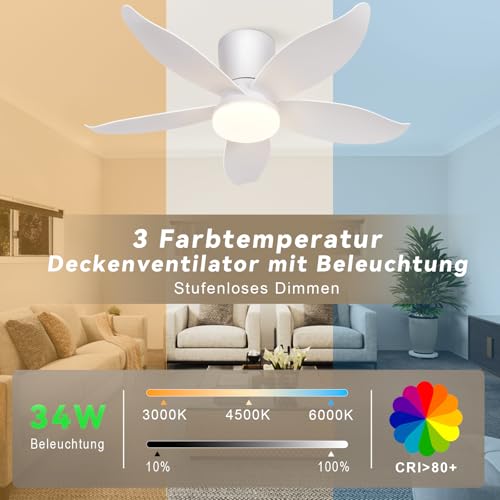 Homefire Ventilador de techo luz - Ventilador de techo silencioso con luz, 5 aspas, blanco, brillo ajustable, 6 velocidades