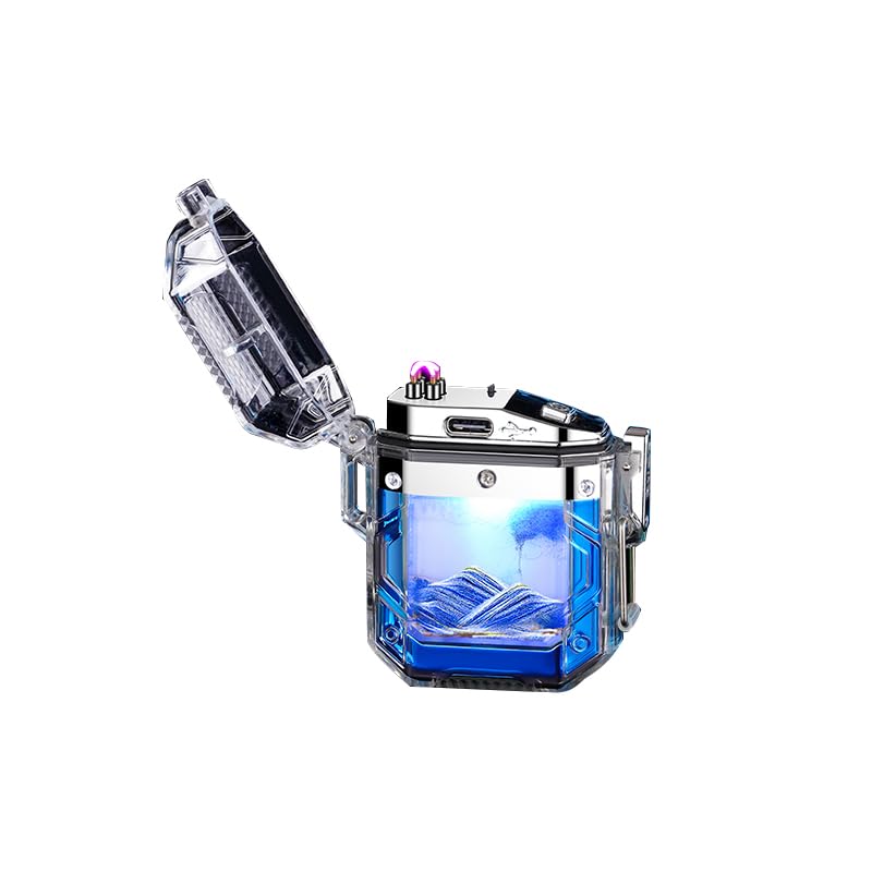 Dual Arc Plasma Electric Lighter USB Rechargeable Quicksand Lighter Windproof Flameless Butane Free Electric Lighters (Blue)