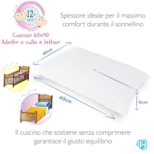 4BABIES - Baby Cot Cushion 40 x 60 cm, Breathable Hypoallergenic Children's Pillow with 100% Italian Cotton Cover, Hypoallergenic Anti-Dust Mite for Crib
