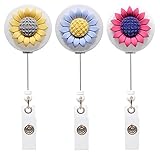 Qinsuee Retractable Badge Holder with Alligator Clip, 24 inch Retractable Cord, ID Badge Reel with Sunflower, 3 Pack