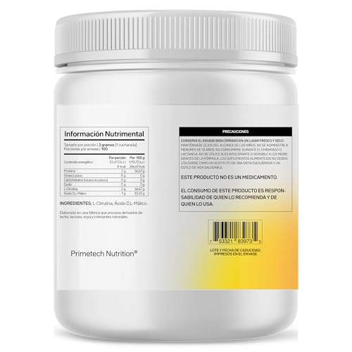 Primetech Nutrition L Citrulina Malato 2:1 Polvo CITRU2:1, 300 gr | 100 Porciones, Sin Sabor, Pre Entreno, 2 Partes Citrulina 1 Parte Ácido Málico, Pura