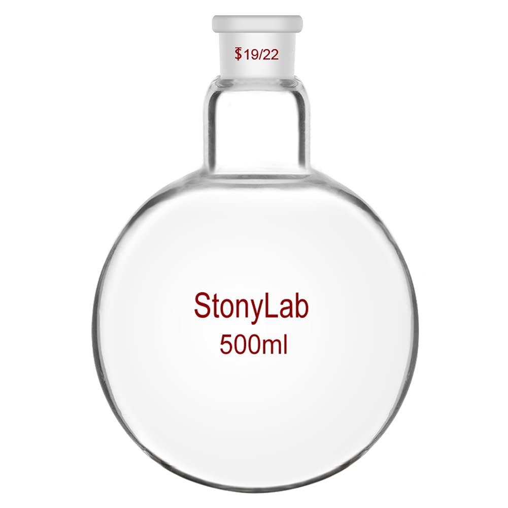 StonyLab Borosilicate Glass 500mL Heavy Wall Single Neck 1 Neck Round Bottom Flask RBF, with 19/22 Standard Taper Outer Joint - 500mL