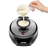 Chefman Perfect Pour Volcano Belgian Waffle Maker Â®, Round Electric Waffle Iron, Easy Use, No Overflow Design - FREE Measuring Cup & Pour Spout, Silver/Black
