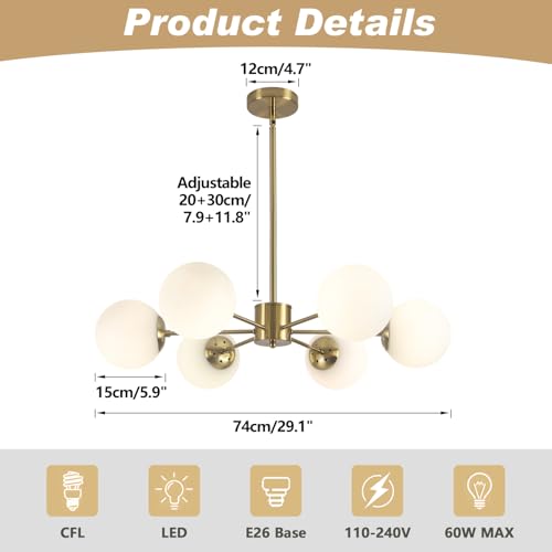 KCO Lighting Sputnik Vintage Gold Living Room Chandelier with 6 White Glass Globes, Minimalist Pendant Light 6 Lights with Adapter for Kitchen, Bedroom