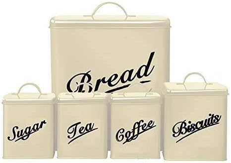 5 Piece Kitchen Storage Canister Set Bread Bin Biscuit Sugar Tea Coffee Cream Vintage Retro Jars Food Storage