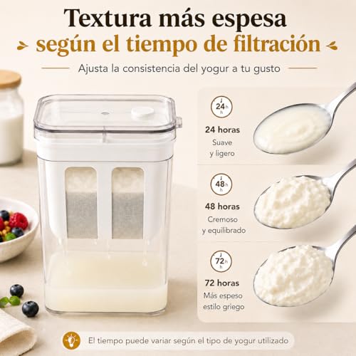 Colador para Yogur Griego 1100ML con Tapa, Filtro Reutilizable para Yogurt, Kefir y Queso, Colador Multiusos para Leche Vegetal, Café y Té, con Telas Filtrantes y Cepillo