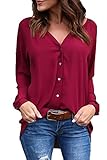 roswear Women's Casual V Neck Cuffed Long Sleeve Button Down Shirts Blouses Tops