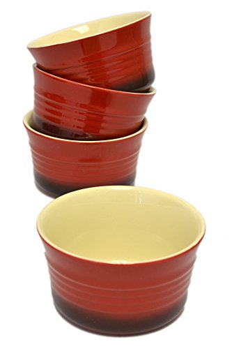 Set 4 Vintage-Red Ribbed Stoneware 9oz Oven Safe Baking Dish Ramekins