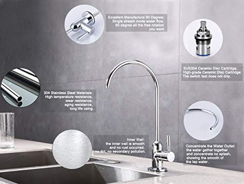 ESOW Kitchen Drinking Water Faucet, 100% Lead-Free Kitchen Water Filter Faucet Fits most Reverse Osmosis Units or Water Filtration System Non-Air Gap, Stainless Steel 304 Body Polished Chrome Finish - Thumbnail 4