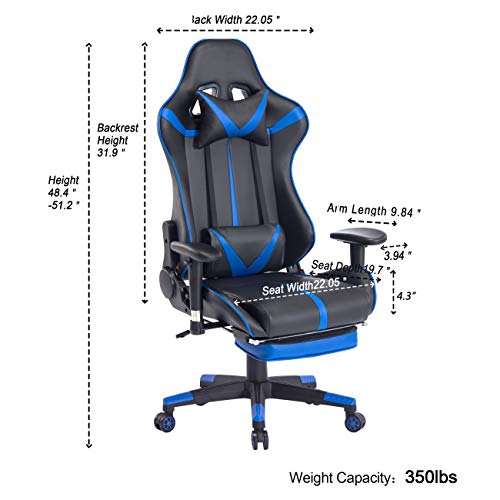 Blue Whale Massage Gaming Chair with Retractable Footrest,Adjustable Massage Lumbar Cushion and Headrest- High Back Ergonomic Leather Racing Executive Desk Computer Office Chair BW192 Blue - Thumbnail 5
