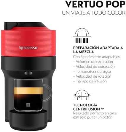 Krups nespresso vertuo pop xn9205 - cafeteira cápsula, máquina de café expresso, 4 tamanhos de xícara, tecnologia centrifusion, 35% plástico reciclado, vermelho picante