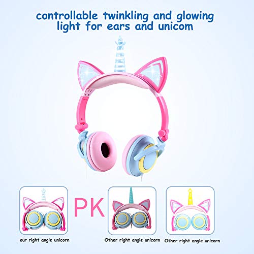 Ifecco Cuffie per Bambini, Cuffie Pieghevoli per Bambini con Luci LED Regolabile del Gatto Simili Orecchie, Cuffie Over-Ear Cablata, Halloween & Regalo di Natale per Bambini (Multicolore Unicorno)