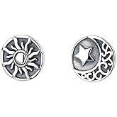 Vintage Sun Crescent Moon Stud Earrings S925 Sterling Silver Antique Lucky Star Small Cartilage Earring Tragus Studs Statement Earring Piercing Studs for Women