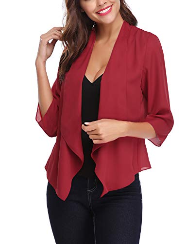 Abollria Womens Casual Work Office 3/4 Sleeves Open Front Chiffon Blazer Jacket Red