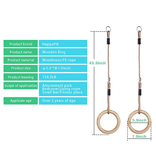 HAPPY PIE PLAY&ADVENTURE 1 pair Wooden Gymnastic Rings - Premium Heavy Duty Rings for Body Strength and Cross Fit Training in Backyard Gym Rings with Pp Adjustable Ropes