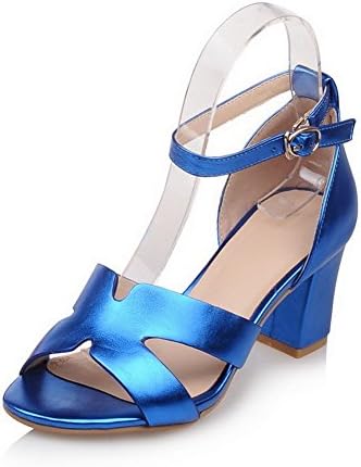 AmoonyFashion Women's Solid PU Kitten-Heels Open-Toe Buckle Sandals, Blue, 33