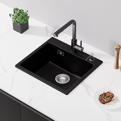 CECIPA Spülbecken Schwarz 50x45cm, Küchenspüle aus Granit, 1 Becken