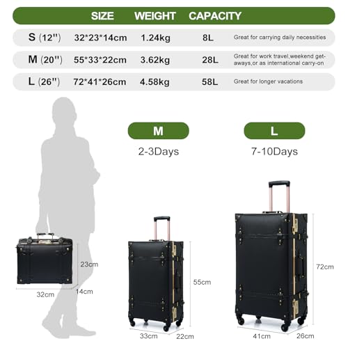urecity Vintage Travel Suitcase Set with Digital Lock Luxury Cute Retro Cabin Luggage Sets 4 Wheels Suitcase (Black, S(12")+L(26"))