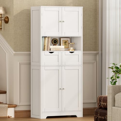 TEENFON 57.8" H Tall Bathroom Cabinet, Storage Cabinet with Adjustable Shelf & 2 Drawers, Bathroom Storage Cabinet with 4 Doors for Living Room, Dining Room, White