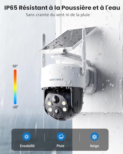Mrowly Wireless Outdoor WiFi Surveillance Camera, 2K Outdoor Wireless Solar Camera Night Vision Colour – 360° PTZ, Light and Sound Alarm, Two-Way Audio
