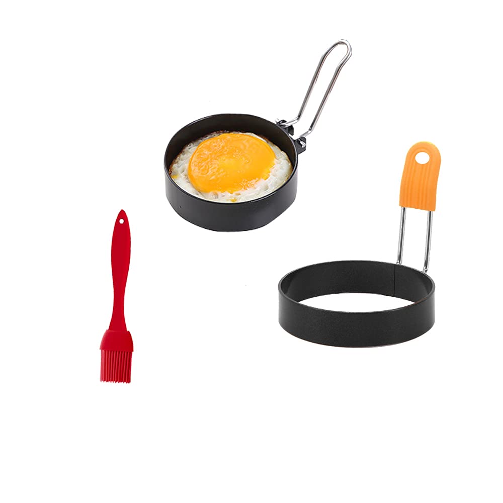 XINGSUI 2 Pcs Egg Rings with Silicone Handle,Stainless Steel Non Stick Round Egg Ring Mold,Household Kitchen Cooking Tool(free oil brush)