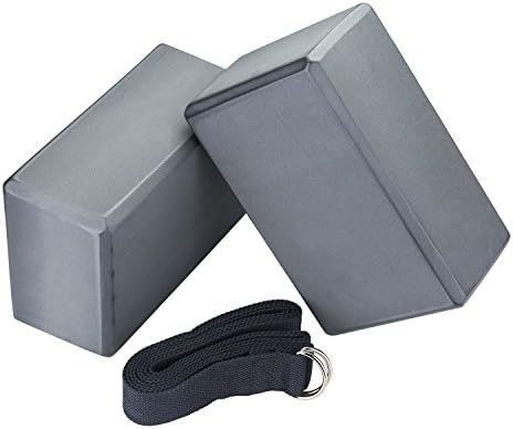Veda Yoga Foam Blocks (Set of 2) plus strap with Metal D-Ring - Standard Studio Size 9" x 6" x 4" (Dark Gray)