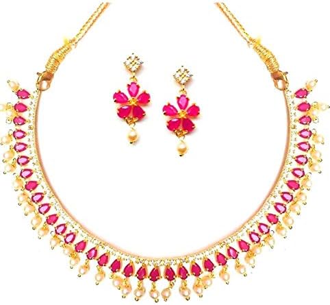 High Fashion Base Metal and Cubic Zirconia Necklace Set for Women (Pink)