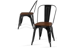SOLEGGIATA Iron Metal Dining Chair with Wood Top/Seat Set of 2 18 Inch Seat Height Stackable Restaurant Kitchen Bistro Cafe Obsidian Black Color