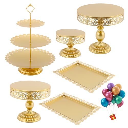 Gold Dessert Table Display Set 6 +1, Gorgeous Metal Cake Pop Display Stands Dessert Platter Cupcake Tower with 50Pcs Balloons for Wedding Birthday Party Baby Shower Afternoon Tea Festival Decor