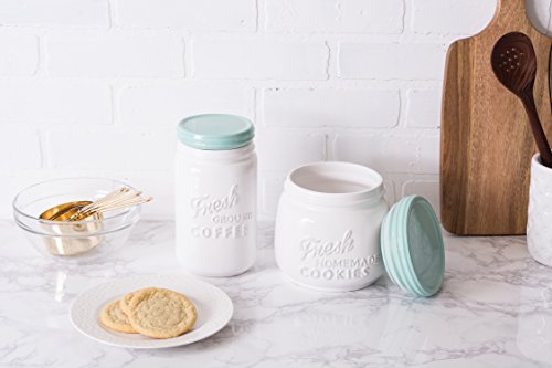 DII 2-Piece Vintage, Retro, Farmhouse Chic, Mason Jar Inspired Ceramic Kitchen Canister, Cookie Jar With Airtight Lid For Food Storage, Store Coffee, Cookies, Crackers, Chips and More - Aqua