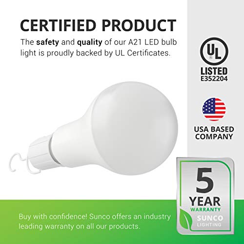 Sunco Lighting 6 Pack Rechargeable Emergency Bulb, A21, 11W, 4000K Cool White, E26, Battery Powered LED Bulb, 2 Hours Backup, Portable Camping Light - UL