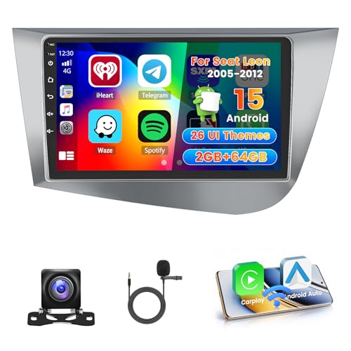 Roinvou 2+64G Android Car Radio for Seat Leon 2005-2012 with CarPlay Wireless Android Auto, 9 Inch Screen 2 DIN Radio MirrorLink with Wi-FI GPS Bluetooth EQ FM/RDS SWC Backup Camera