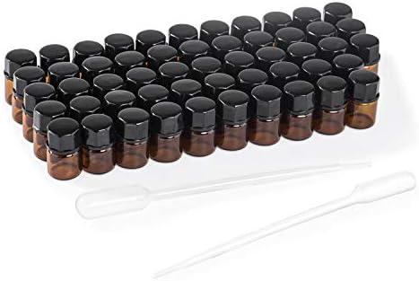 Mini Amber Glass Vial Bottles, Essential Oil Samples Bottles with Orifice Reducer and Black Plastic Cap, 50 Pack 1ml Vial Bottles for Essential Oils, Aromatherapy, Fragrance, Serums, Spritzes