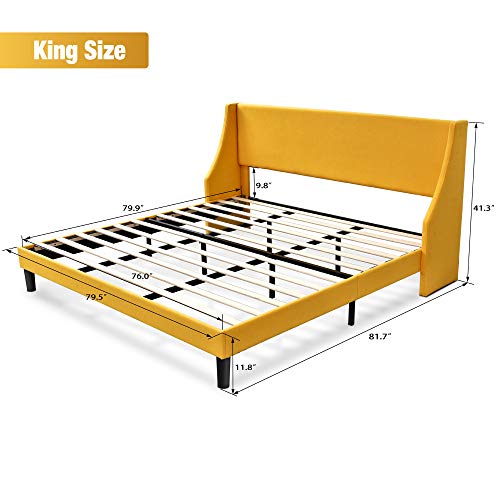 Hoomic King Size Bed Frame, Fabric Upholstered Modern Wingback Platform