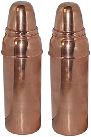 VISVABHAVANAH MART Indian Pure Copper Water Bottle With Lid For Ayurvedic Health Benefits Set Of 2 Brown