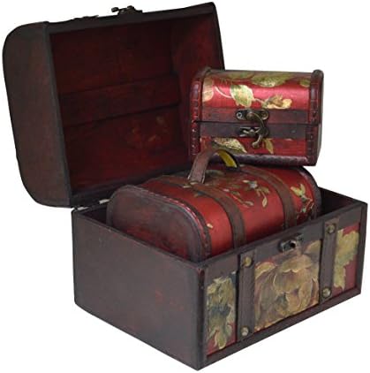 New Set of 3 Antique Vintage Wooden Treasure Chest Jewellery Accessory Storage Gift Box (US100 RED FLORAL)