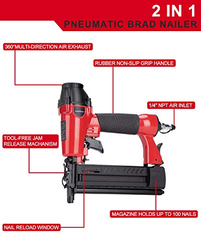 Clavadora POWERSMART Brad, clavadora neumática 2 en 1, compatible con calibre 18, 5/8 pulg. A 2 pulg., Pistola de clavos neumática de 100 sujetadores, 300 clavos Brad, 200 grapas de corona incluidas, PS6130 Clavadora POWERSMART Brad, clavadora neumática 2 en 1, compatible con calibre 18, 5/8 pulg. A 2 pulg., Pistola de clavos neumática de 100 sujetadores, 300 clavos Brad, 200 grapas de corona incluidas, PS6130