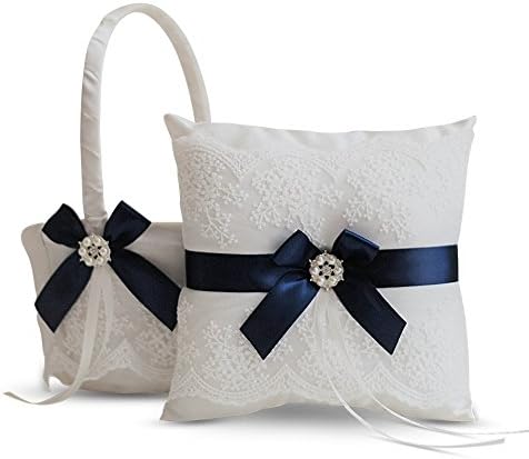 Alex Emotions Ivory Ring Bearer Pillow and Basket Set | Lace Collection | Flower Girl & Welcome Basket for Guest | Handmade Wedding Baskets & Pillows (Navy Blue)