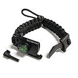 Adjustable Paracord Survival Bracelet Gear 500 LB - Outdoor Hiking Travelling Camping Hunting Kit - Emergency Tactical Parachute Rope Bracelet - Compass, Fire Starter, Knife, Whistle - Black