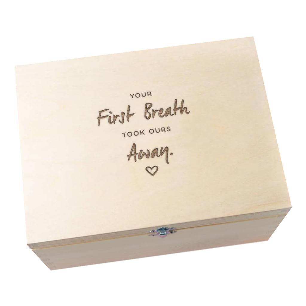 Wooden Engraved Keepsake Box/Baby Keepsake Memory Box/Engraved Gifts for New Parents/Baby's First Christmas/Newborn Girl Boy Gifts (Your First Breath Took Ours Away)